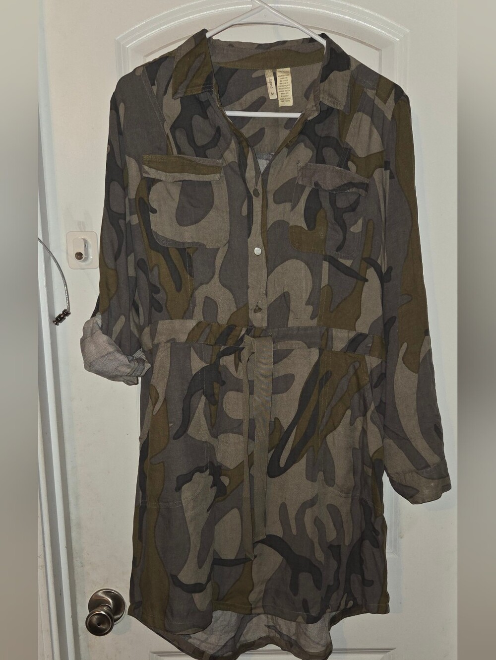 Japna Olive and Gray Camo Shirt Dress with Tie Waist